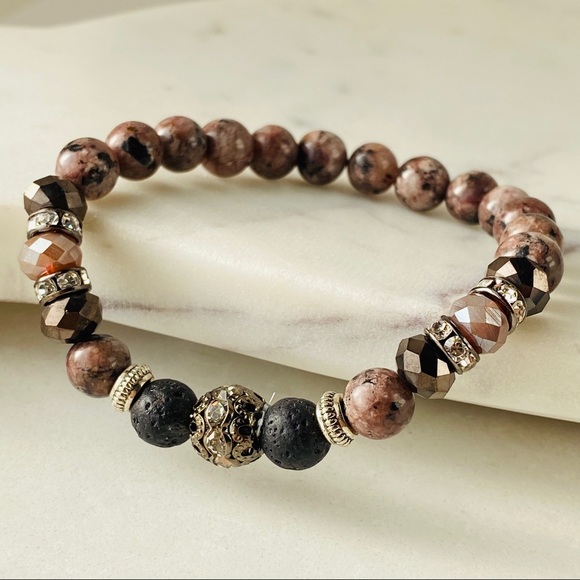 Rhodochrosite Gemstone Beaded Stretchy Bracelet - Picture 2 of 3